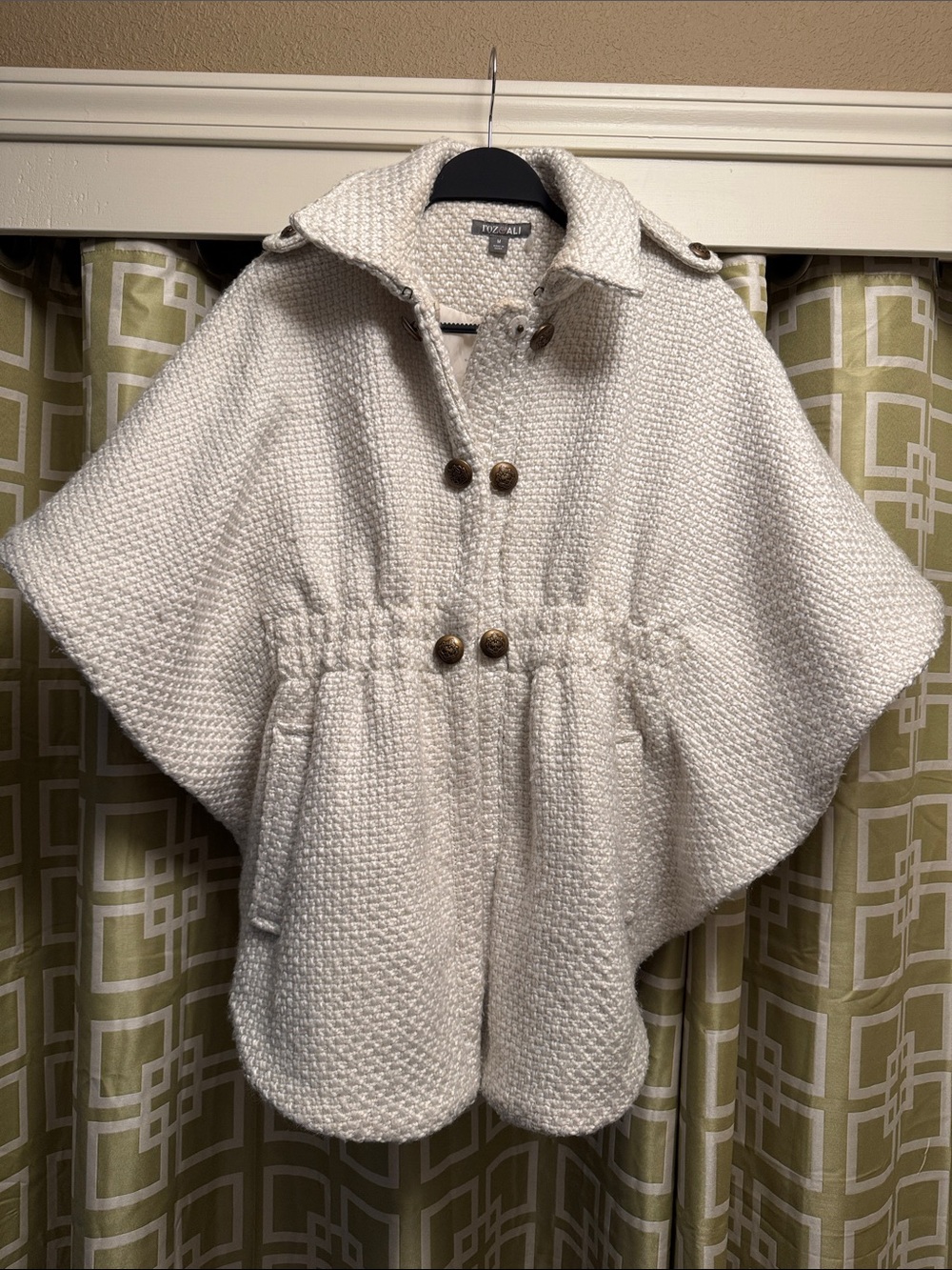 Roz & Ali Cream Textured Knit Cape with Gathered Waist and Button Detail